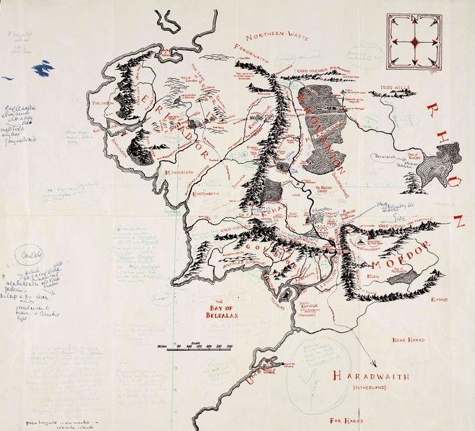 Mappa della Terra di Mezzo annotata da J.R.R Tolkien nel 1969 e disegnata dal figlio Christopher