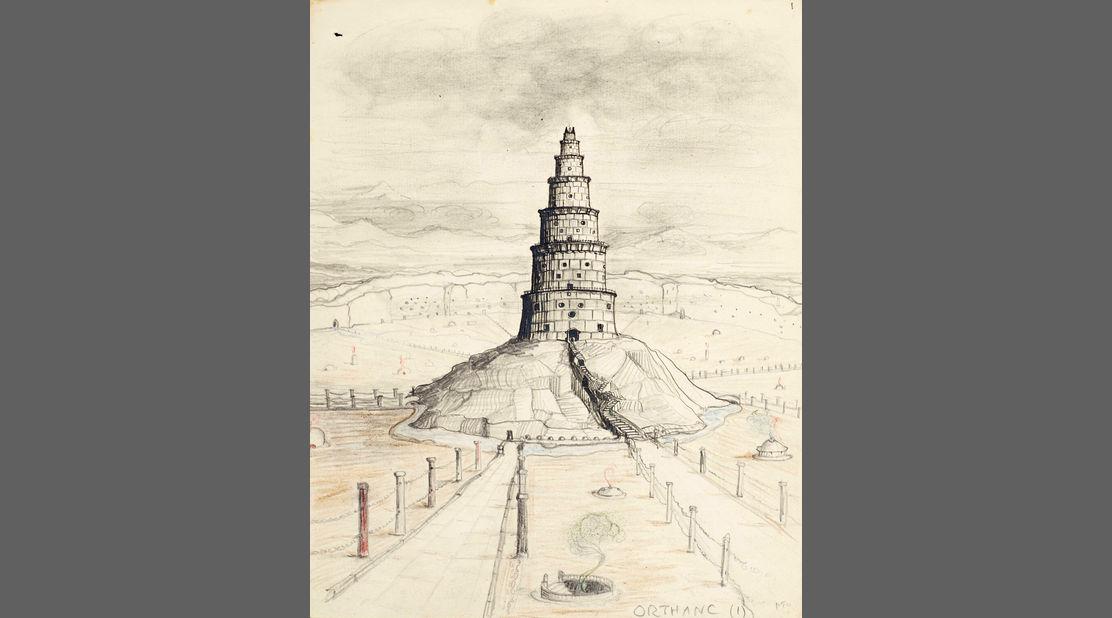 J.R.R Tolkien, 'Orthanc I', disegno di torre della fortezza di Isengard (1942)