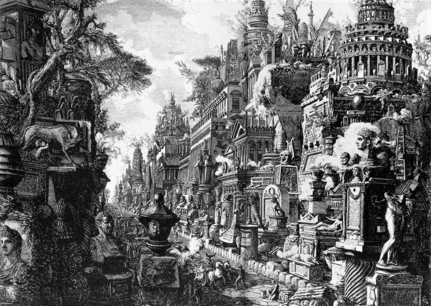 Una prospettiva della Via Appia a Roma in una stampa di Giambattista Piranesi dalle “Antichità Romane”