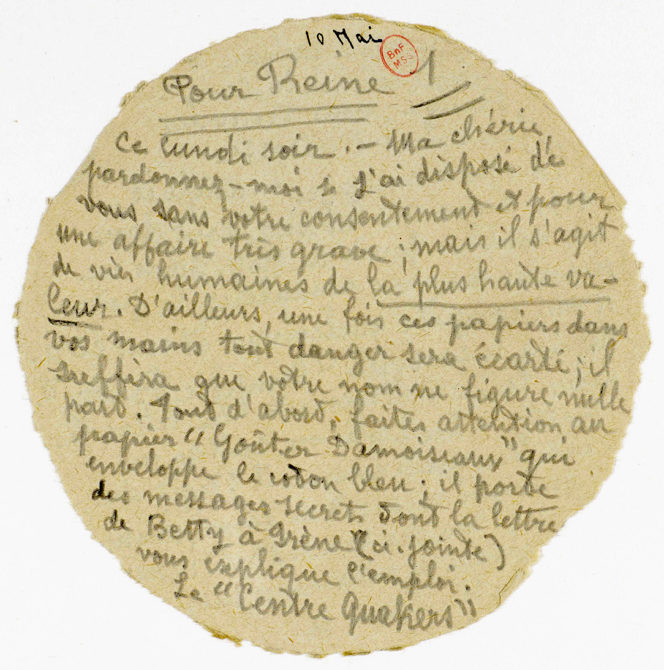 Un biglietto diretto alla resistenza che Émilie spedì durante la prigionia a Fresnes