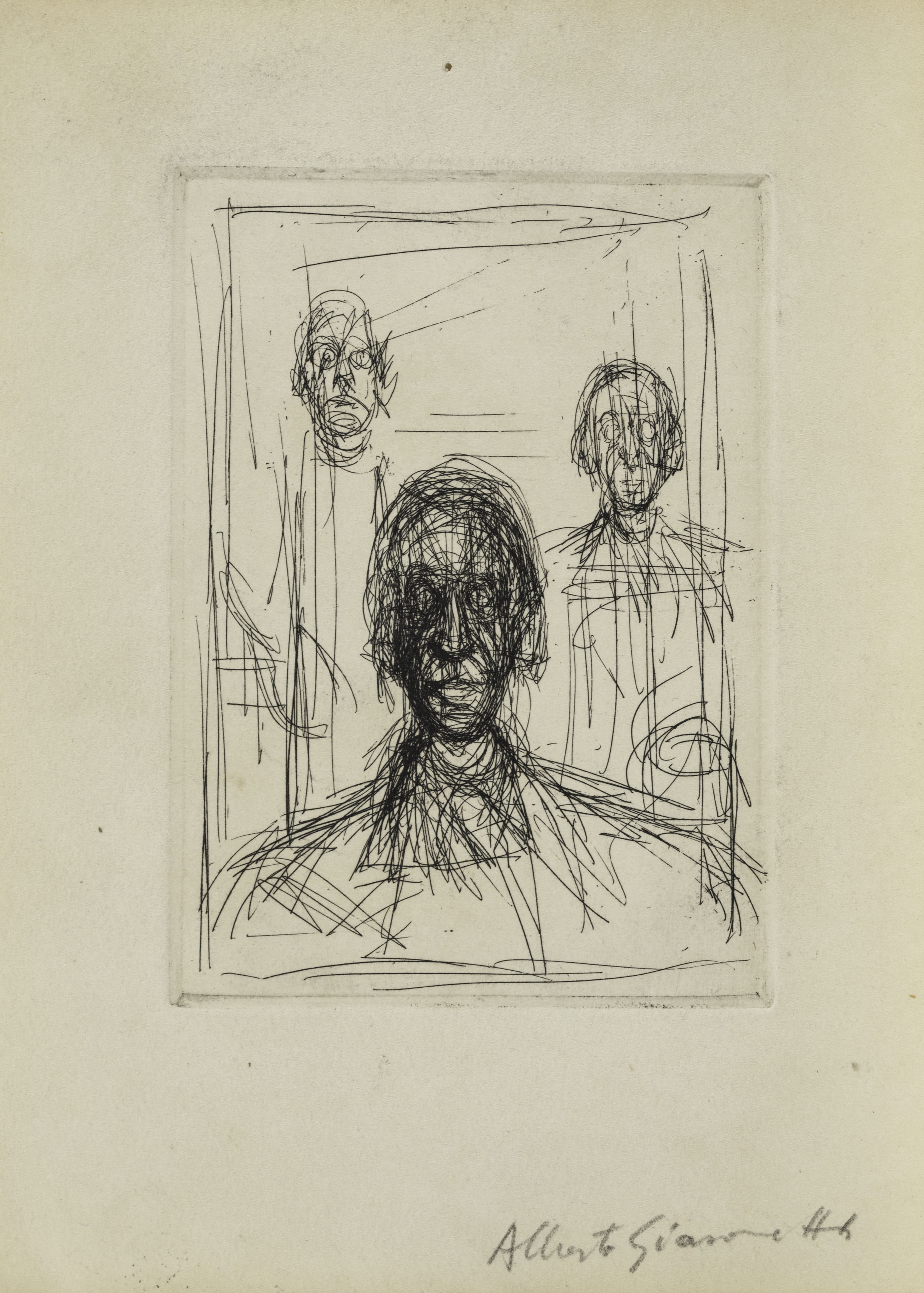 Alberto Giacometti Triple portrait de Pierre Loeb II Illustration non retenue pour Pierre Loeb, Regards sur la peinture, Paris, 1950 1949-1950 Acquaforte 11,9 x 8,3 cm, le coup de planche Collezione Eberhard W. Kornfeld, Berna