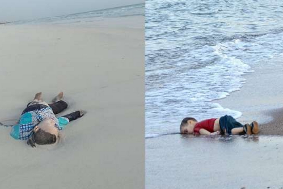Il corpo restituito dal mare in Libia e a destra il piccolo Alan Kurdi