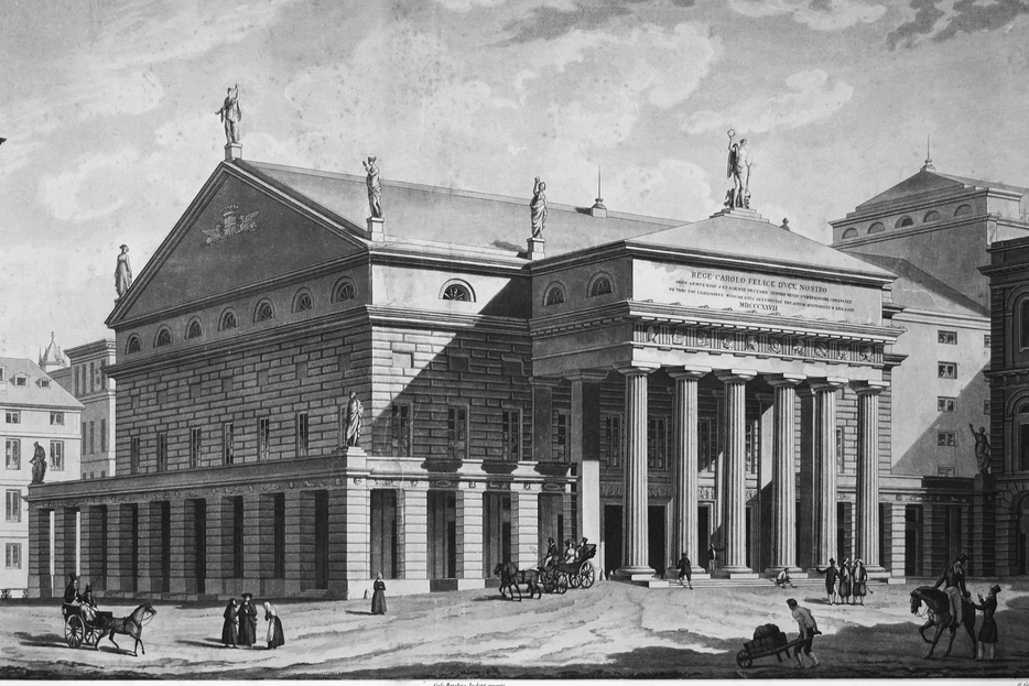 Il teatro Carlo Felice di Genova negli anni intorno al 1828 quando era stato inaugurato con l'opera di Bellini