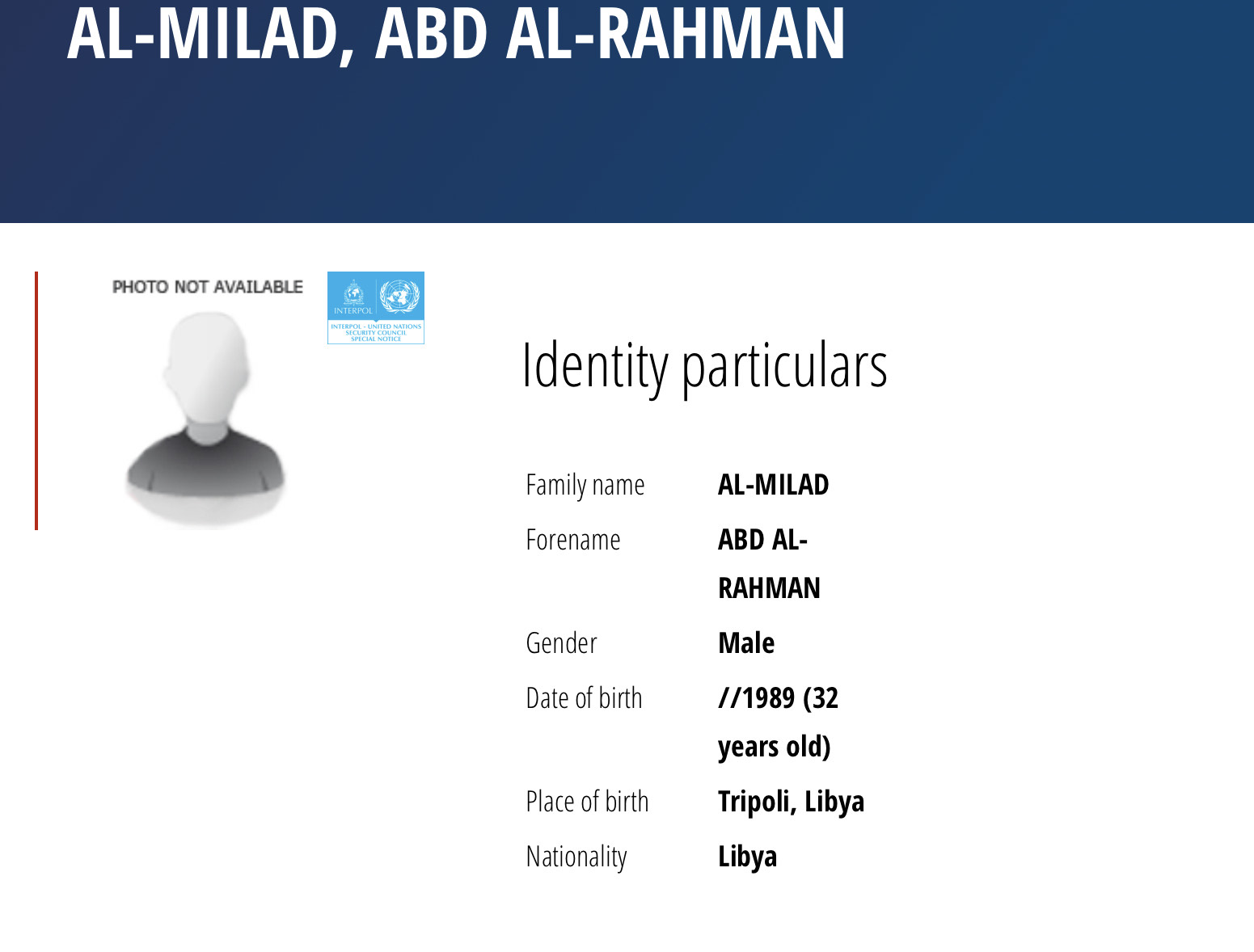 Uno degli alert emessi dall'Interpol sul gruppo di vertice della milizia di Zawiyah al-Nasr