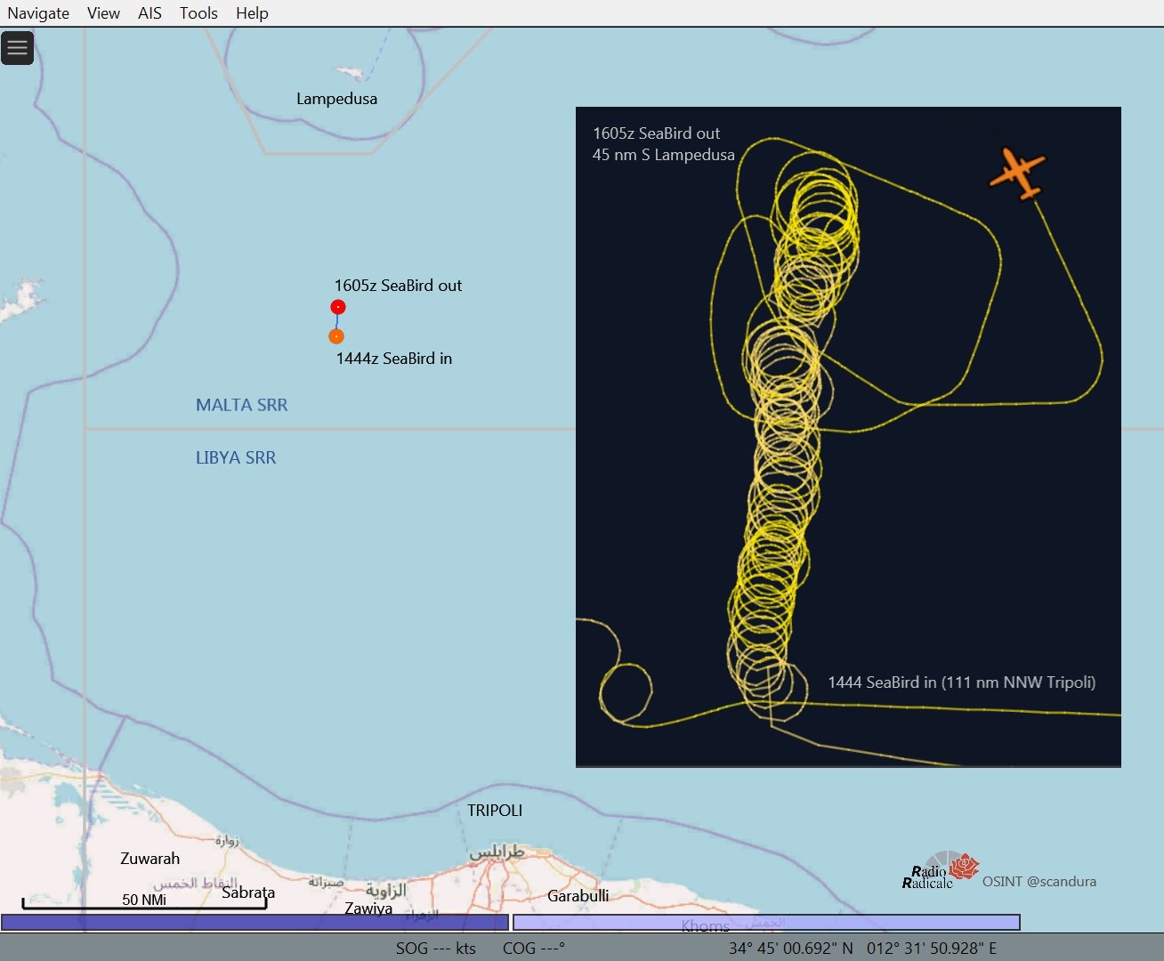 Il tracciato dell'aereo di Sea Watch e il punto in cui è intervenuta la motovedetta libica. A sole 45 miglia da Lampedusa (110 dalla Libia)
