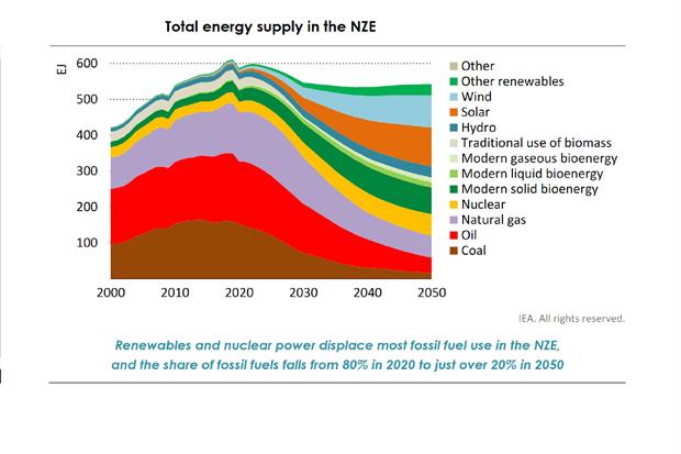 Lo scenario della Iea sulla quote di energia prodotta dalle diverse fonti per arrivare a emissioni nette zero nel 2050