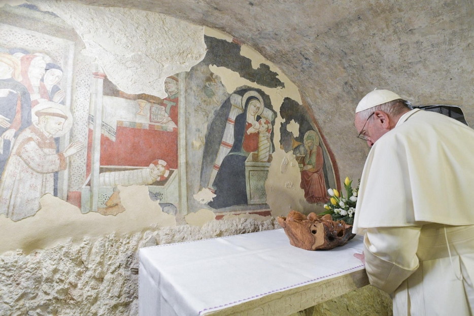 Papa Francesco durante la visita al Santuario francescano di Greccio il 1 dicembre 2019