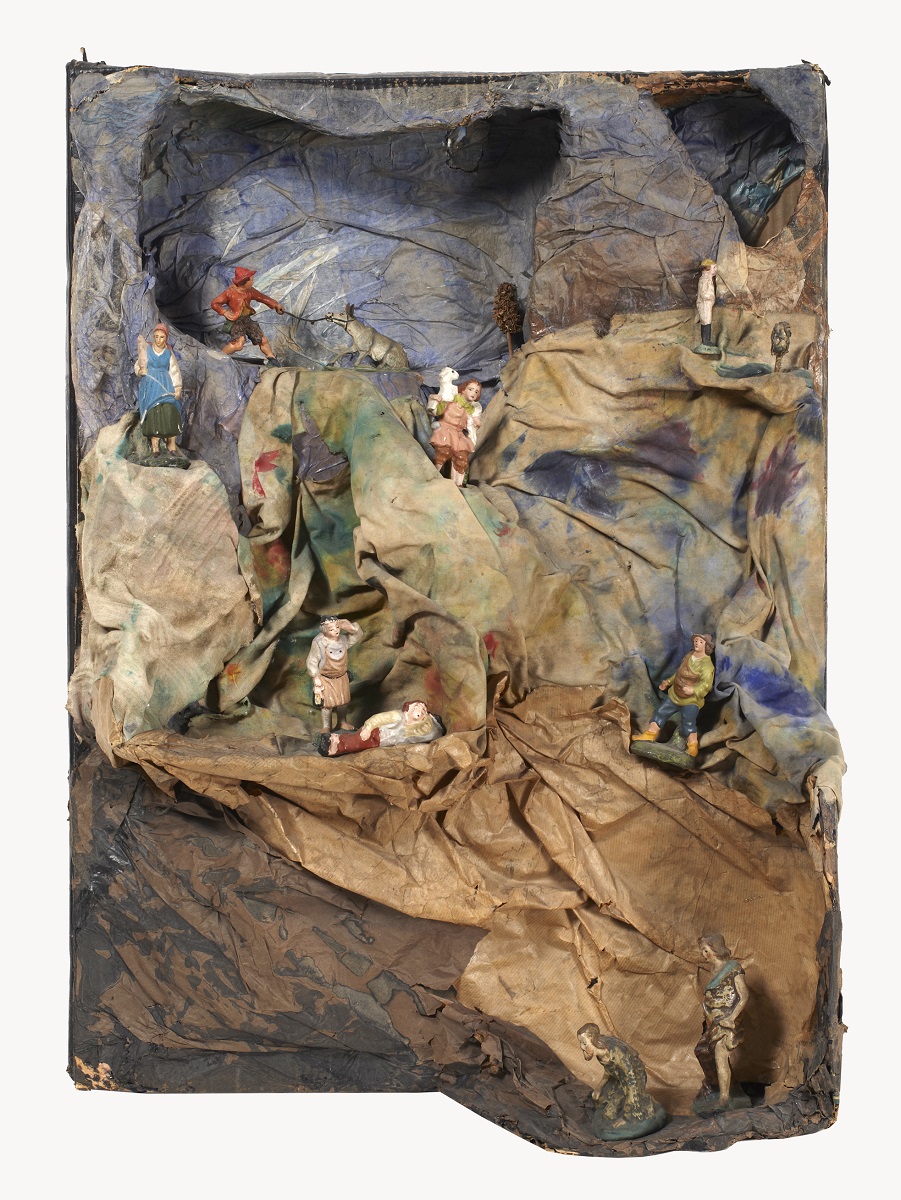 Michelangelo Pistoletto, 'Paesaggio', 1965 ('Oggetti in meno', 1965-1966), cartone, veline, figurine da presepe, stracci. Cittadellarte – Fondazione Pistoletto, Biella