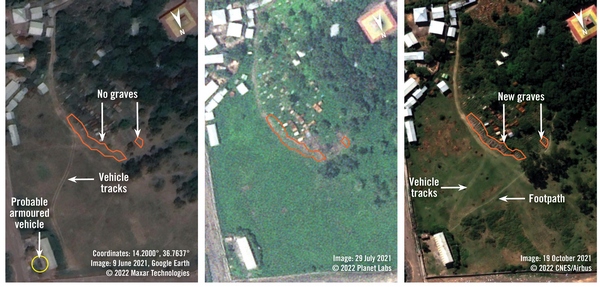 Le immagini satellitari del 9 giugno, 29 luglio e 19 ottobre 2021 a confronto: l'area della chiesa di san Giorgio a Kobo, in Etiopia. L'immagine più recente mostra alcune sepolture nuove, non presenti prima e nel luogo in cui testimoni hanno detto ad Amestu International di aver seppellitto alcuni dei civili uccisi il 9 settembre.