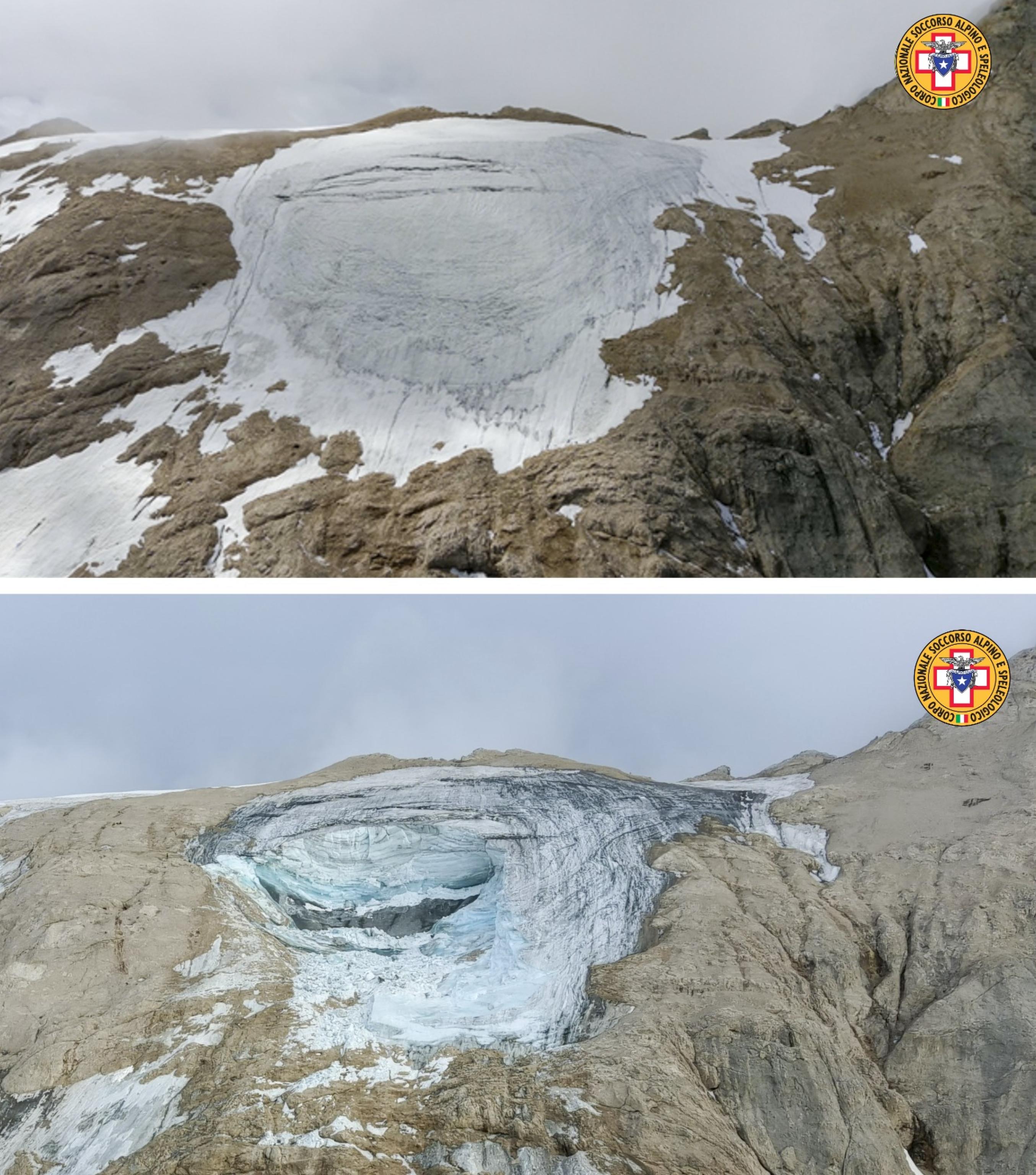 Il ghiacciaio della Marmolada prima e dopo il crollo, nelle immagini diffuse dal Soccorso alpino e speleologico: si vede chiaramente il cratere creato dal distacco della parete