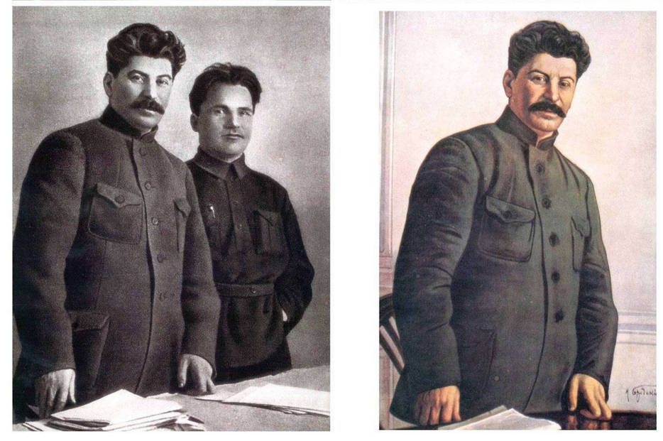 La versione finale della foto dei cinque, ridotti a due, e il ritratto di Stalin da solo che ne venne tratto
