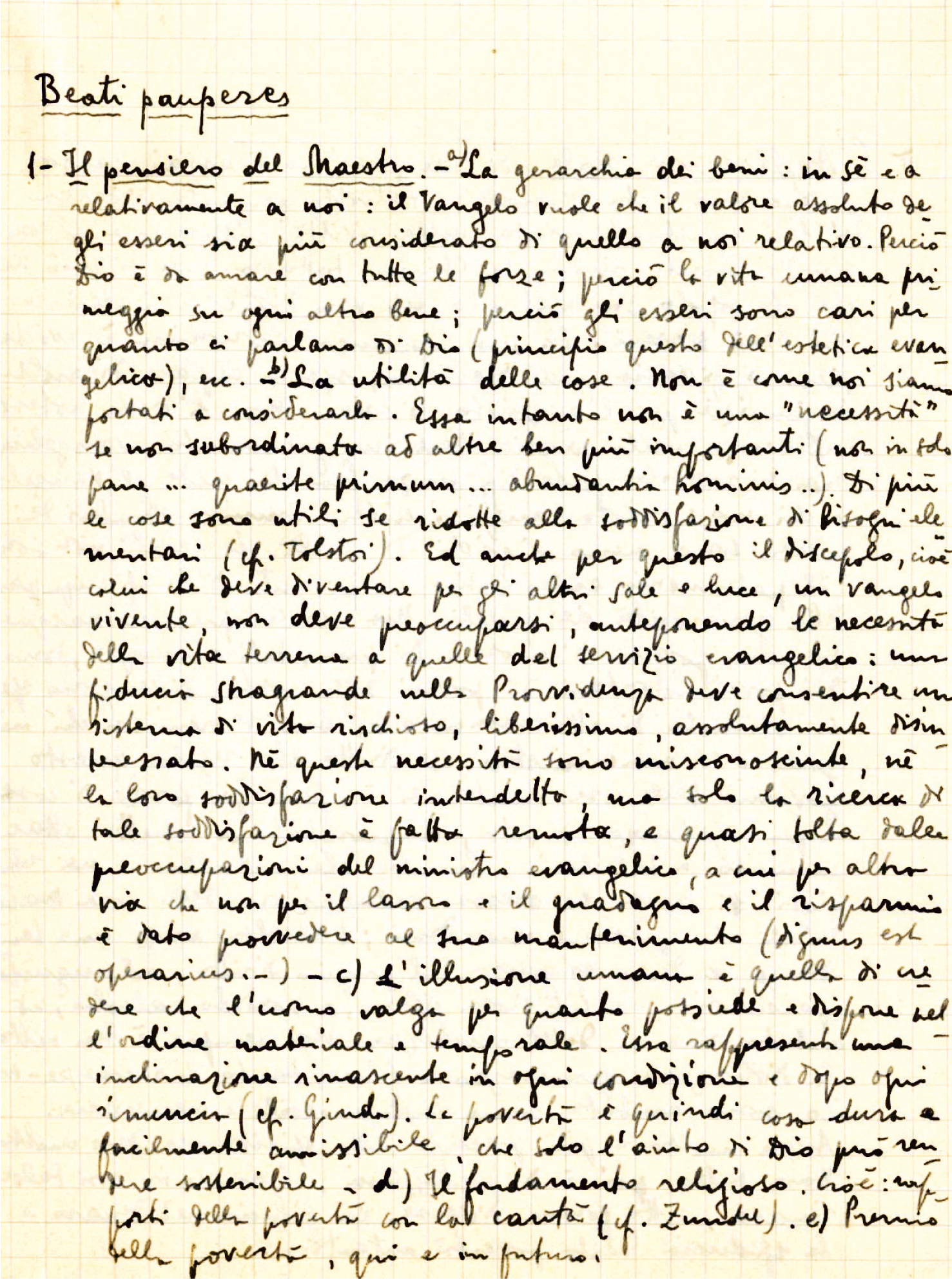 La pagina autografa scritta da Montini in vista delle Conferenze della San Vincenzo