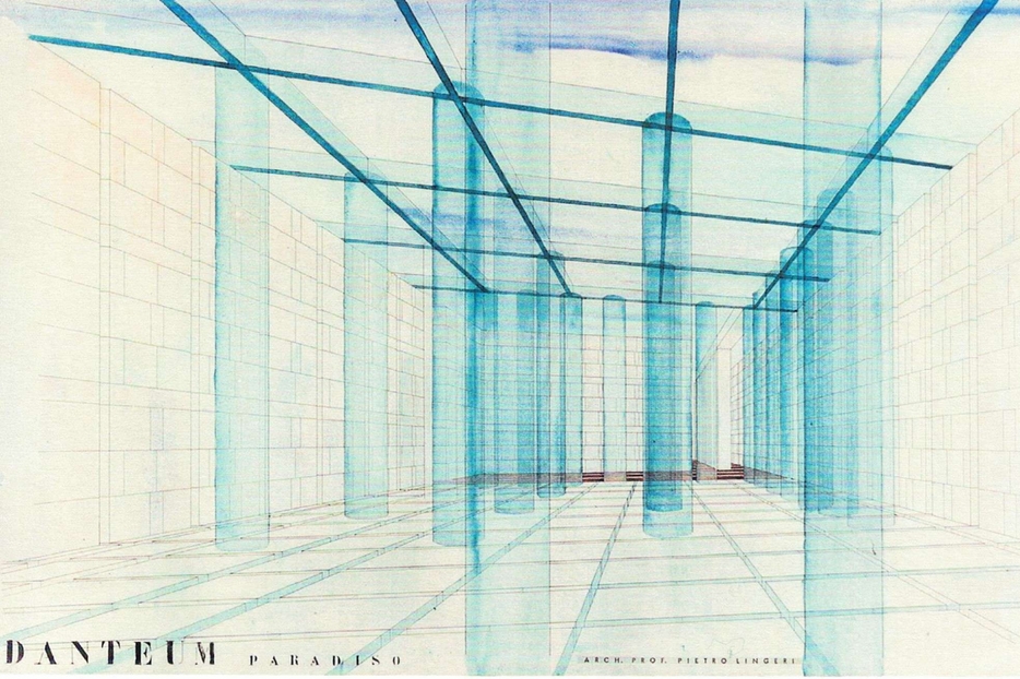 Vista interna degli spazi del Danteum di Lingeri e Terragni  relativi al Paradiso con le colonne di vetro