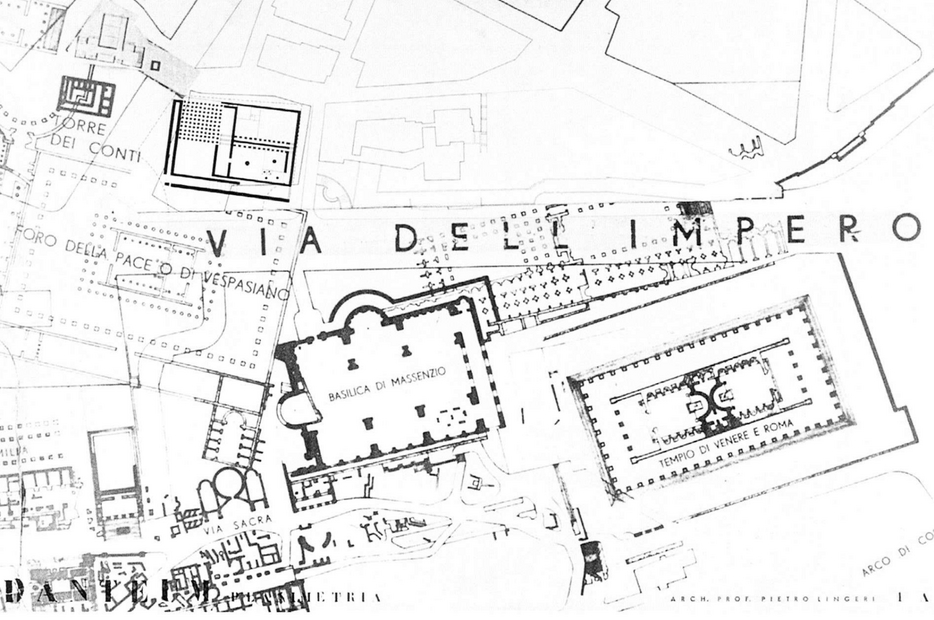 La tavola del progetto di Lingeri e Terragni con l’area di via dell’Impero dove, in alto a sinistra, si vede il Danteum che dialoga con la Basilica di Massenzio