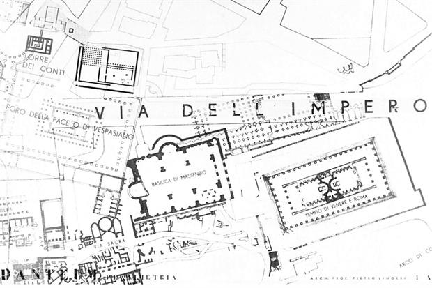 La tavola del progetto di Lingeri e Terragni con l’area di via dell’Impero dove, in alto a sinistra, si vede il Danteum che dialoga con la Basilica di Massenzio