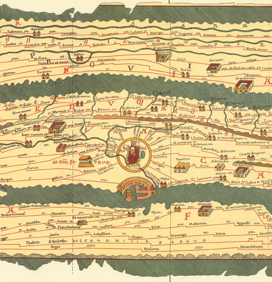 Tabula Peutingeriana (copia del XII-XIII secolo di un'antica carta romana che mostra le vie stradali dell'Impero romano) particolare di Roma