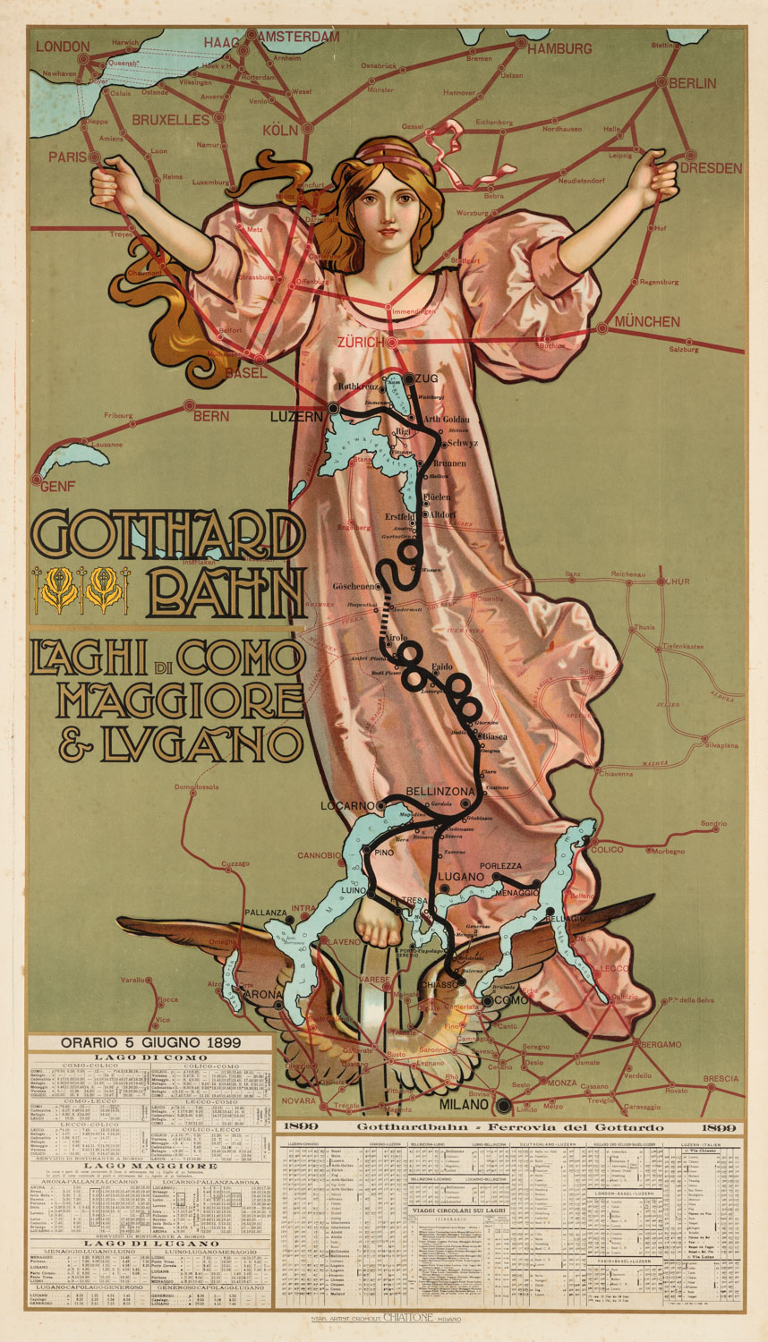 Gabriele Chiattone, 'Gotthard-Bahn. Laghi di Como, Maggiore e Lugano', 1902, cromolitografia