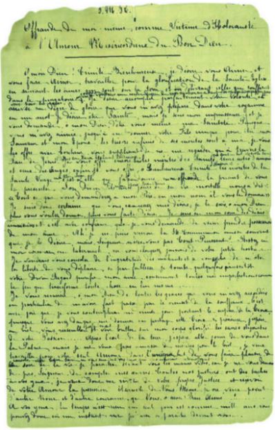 La prima pagina del manoscritto con l’Atto di offerta all’Amore Misericordiosoredatto da santa Teresa di Lisieuxil 9 giugno 1895