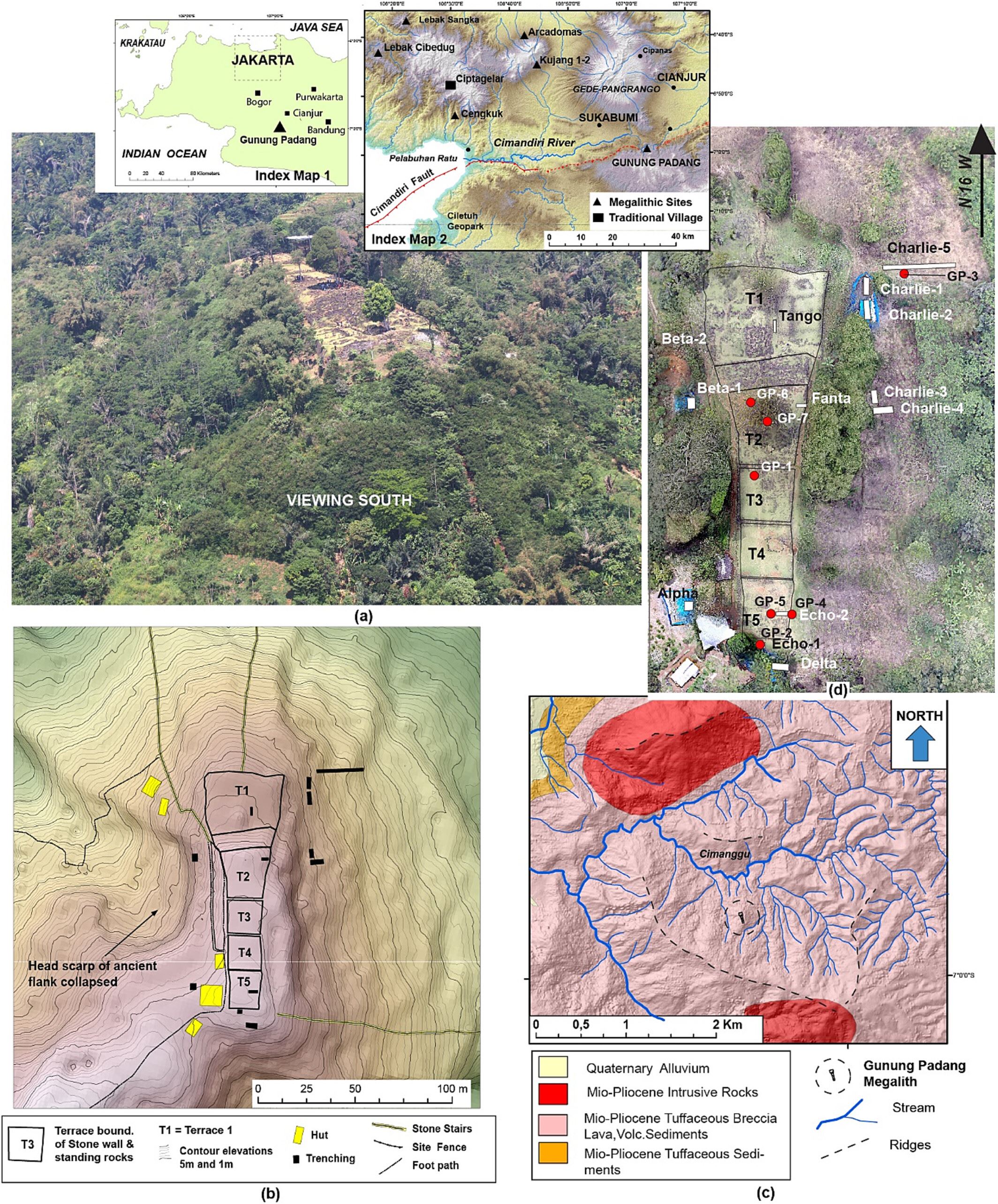 Veduta aerea di Gunung Padang presa da un elicottero. (b) Topografia e mappa del sito generate da un'indagine geodetica dettagliata. (c) Carta geologica della regione di Gunung Padang (Sudjatmiko, 1972 ). (d) Mappa ottenuta da un rilievo con drone condotto nel 2014, che indica le posizioni dei siti di scavo (rettangoli bianchi) e dei siti di carotaggio (punti rossi). T1, Terrazza 1; T2, Terrazza 2; T3, Terrazza 3; T4, Terrazza 4; T5, Terrazza