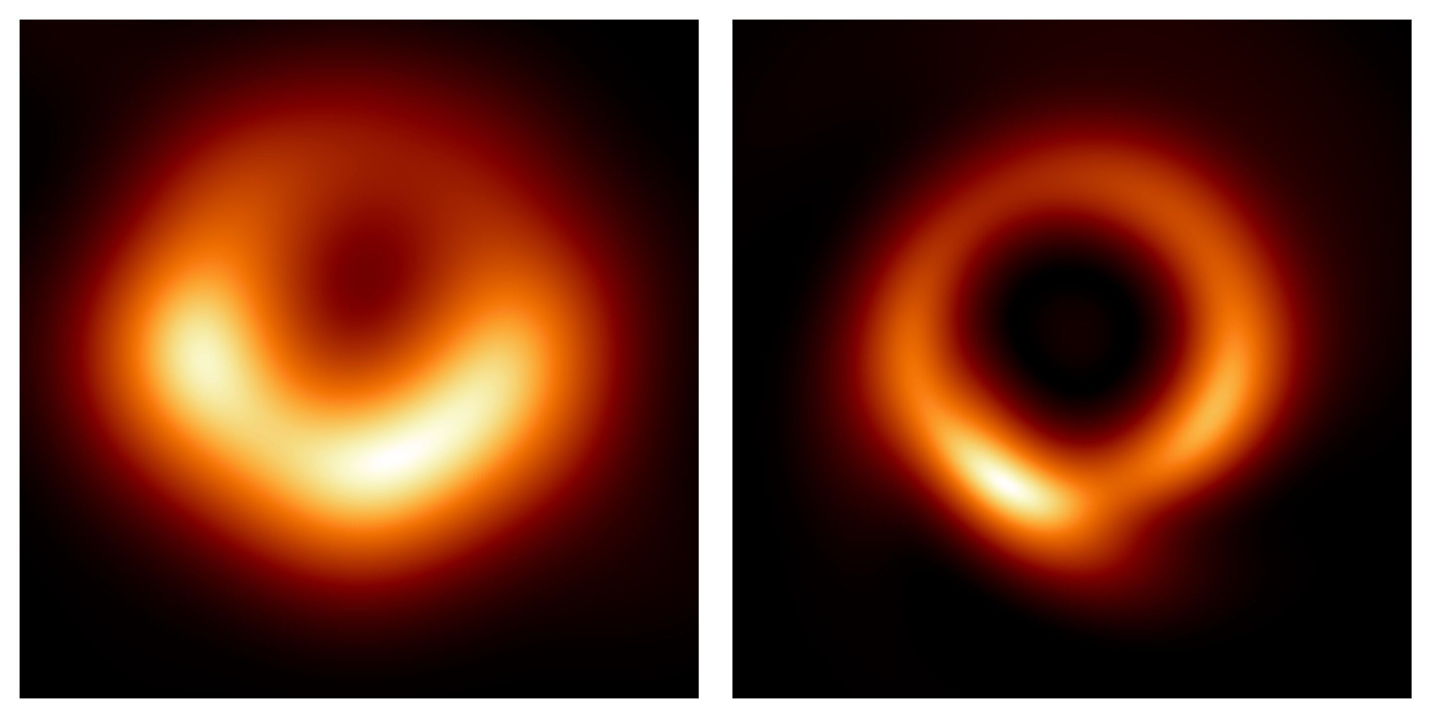 La fotografia del buco nero al centro della galassia M87 prime e dopo il restyling a opera dell'intelligenza artificiale