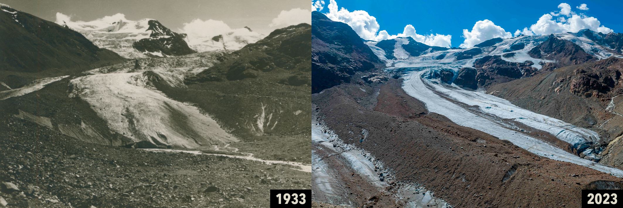 Immagini a confronto del ghiacciaio dei Forni, nel gruppo Ortles-Cevedale