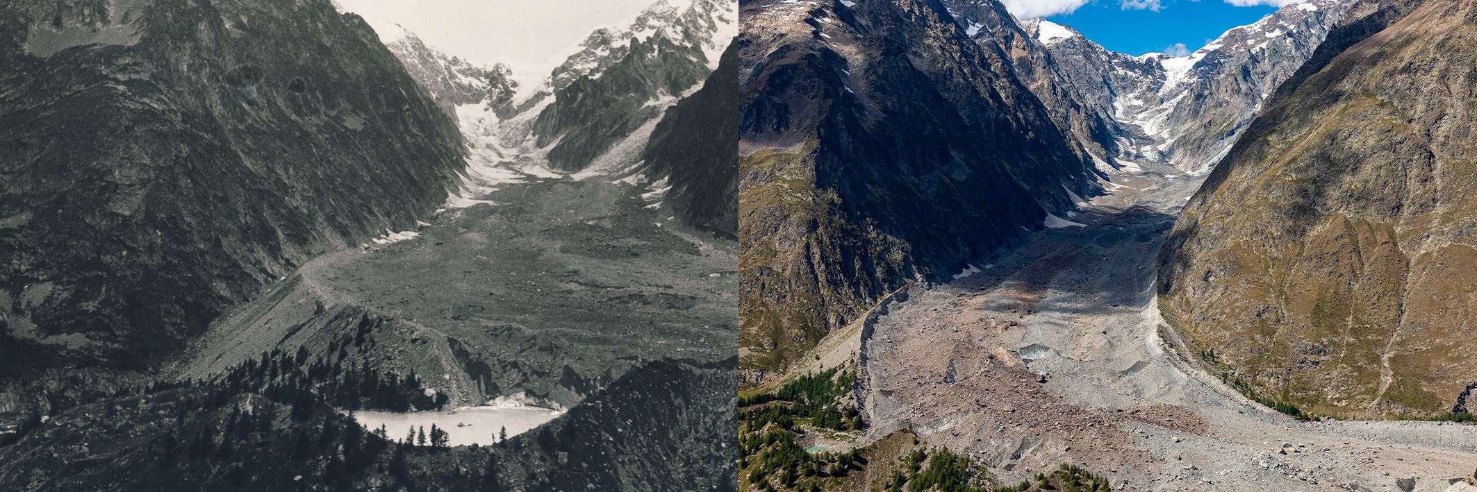 Immagini a confronto del ghiacciaio del Miage, nel Massiccio del Monte Bianco