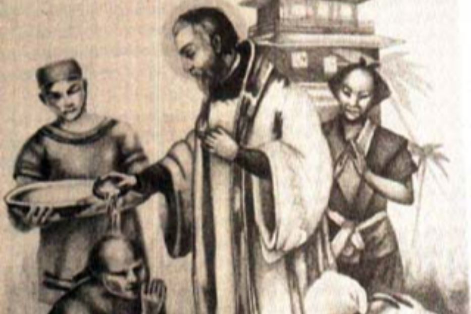 Un'antica stampa che ritrae il gesuita e futuro beato Girolamo De Angelis (1568-1623) mentre battezza dei giapponesi convertiti al cattolicesimo
