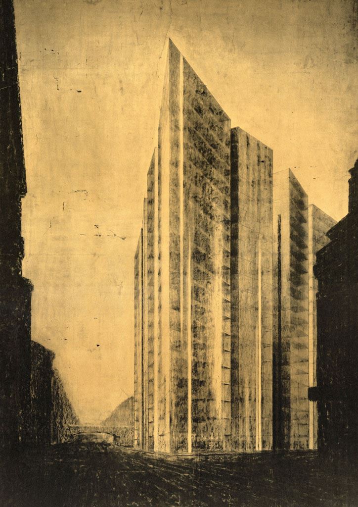 Le torri vetrate disegnate da Ludwig Mies van der Rohe per la Friedrichstrasse a Berlino nel 1921