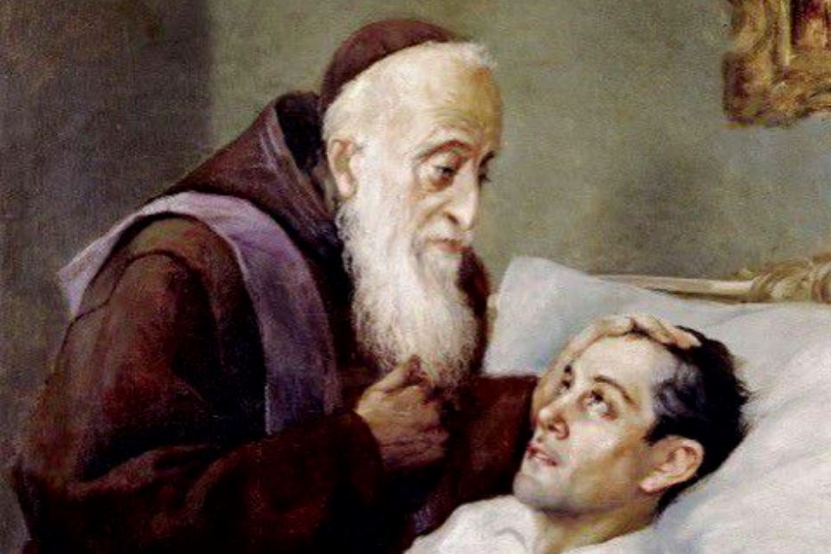 Un'immagine che riproduce san Mandic accanto a un malato