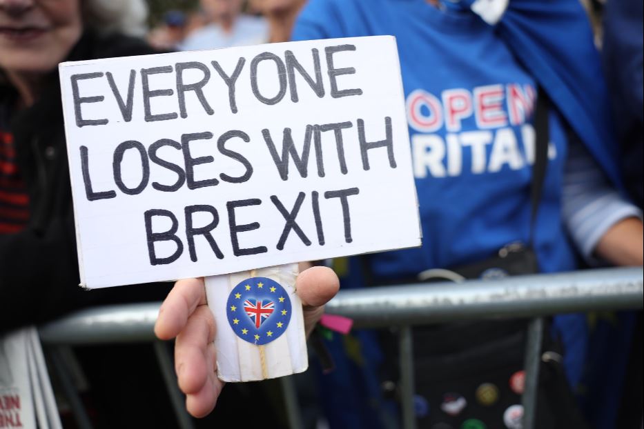 Un cartello delle proteste davanti a Westminster per l'uscita dall'Europa