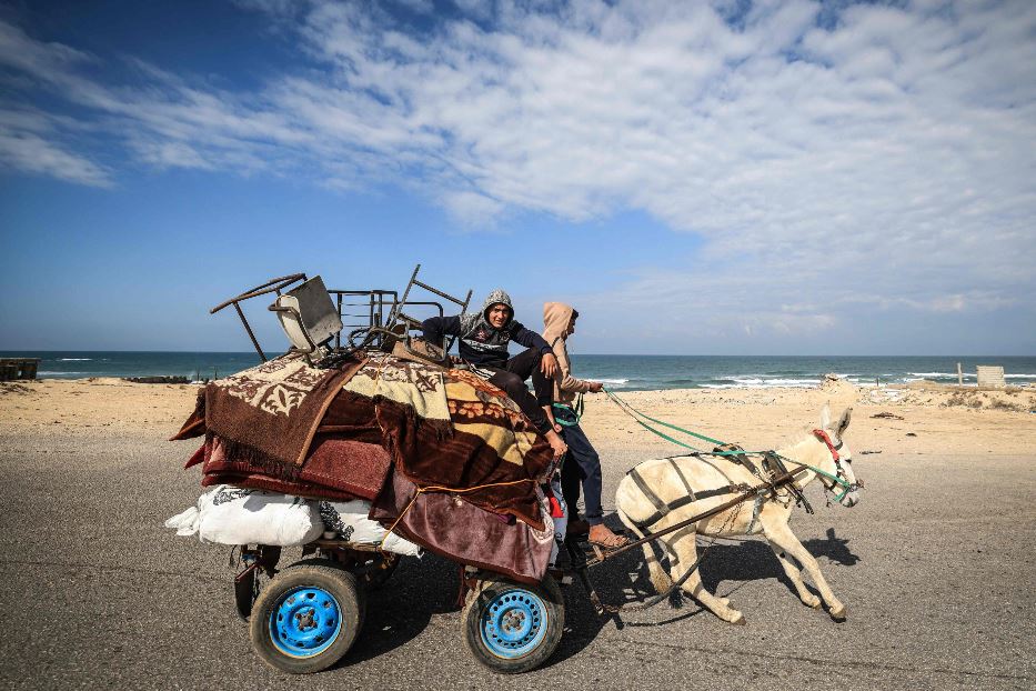 Un carretto stracarico, trainato da un asino, sulla strada costiera nell'estremo sud-ovest della Striscia