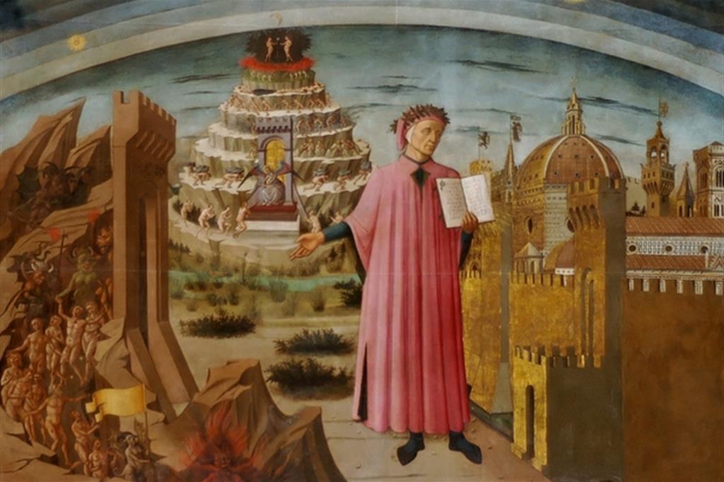 “Dante Alighieri e il libro della Divina Commedia”, affresco di Domenico di Michelino conservato nel Duomo di S. Maria del Fiore a Firenze