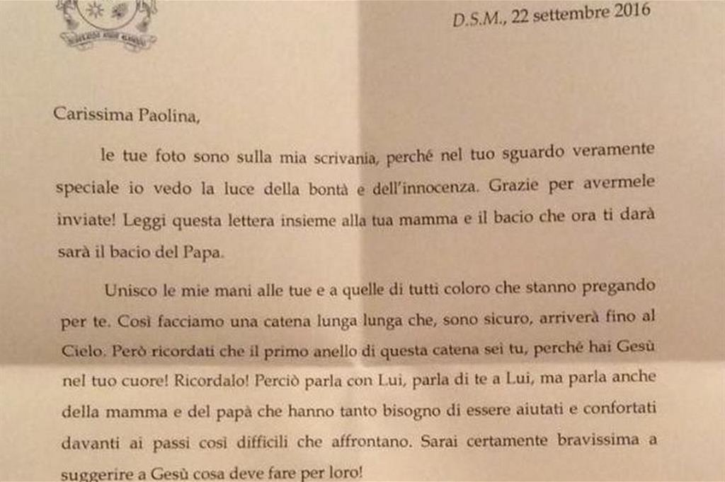 Un taglio della lettera del Papa indirizzata alla piccola Paolina (dal Faro di Roma online)