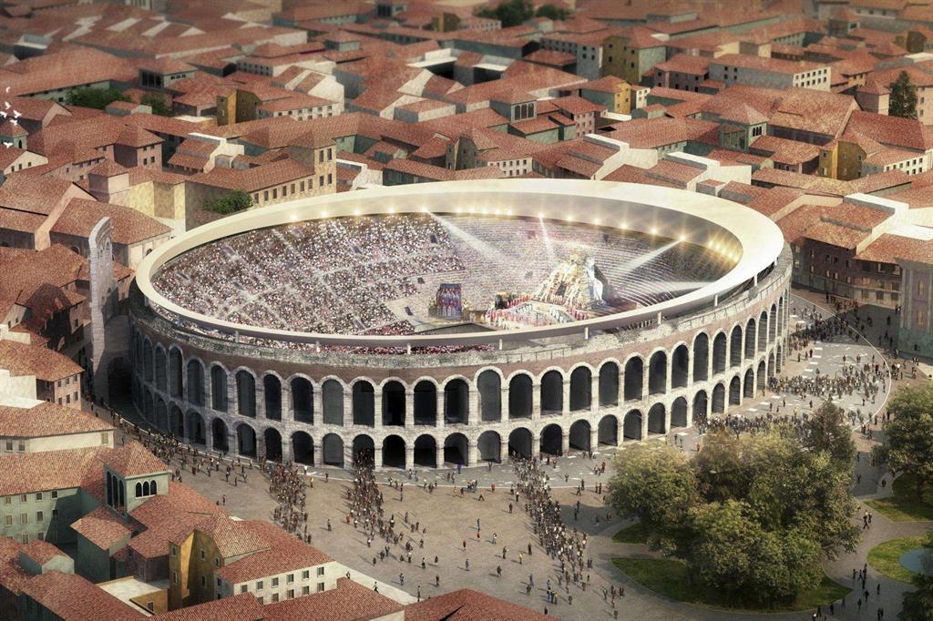 Il rendering del progetto che ha vinto il concorso di idee per la copertura dell'Arena di Verona - 
