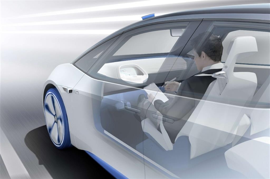 Un'immagine della futura I.D. di Volkswagen: con 500 km di autonomia è uno dei progetti più evoluti di auto a guida autonoma