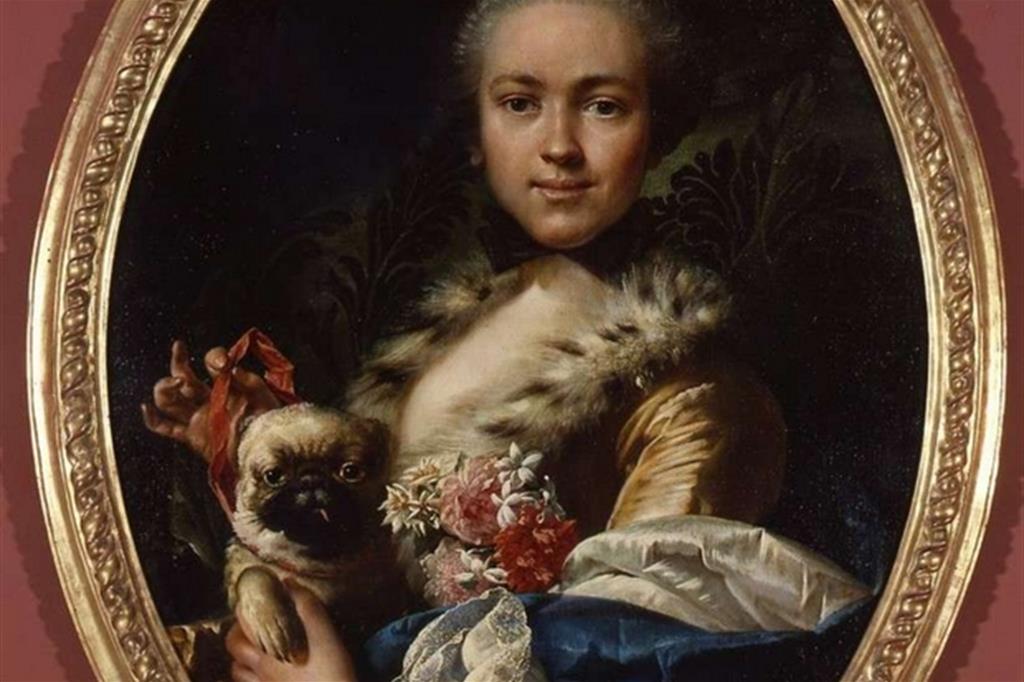 Luigi Crespi, «Ritratto di dama col cagnolino» (particolare)