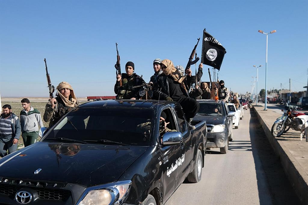 Un convoglio di miliziani del Daesh: i jihadisti che hanno giurato fedeltà al califfo Abu Bakr al-Baghdadi hanno scalzato al-Qaeda nella penisola del Sinai (Ansa/Ap)