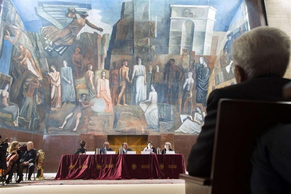 La presentazione del restauro de “L’Italia fra le arti e le scienze” di Mario Sironi con il presidente Mattarella