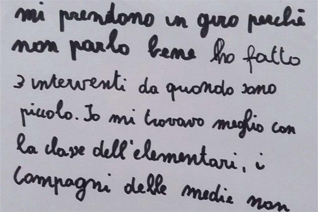 «I miei compagni mi prendono in giro perché non parlo bene; ho fatto tre interventi da quando sono piccolo» scrive un bambino preso di mira a causa della sua malattia. - 