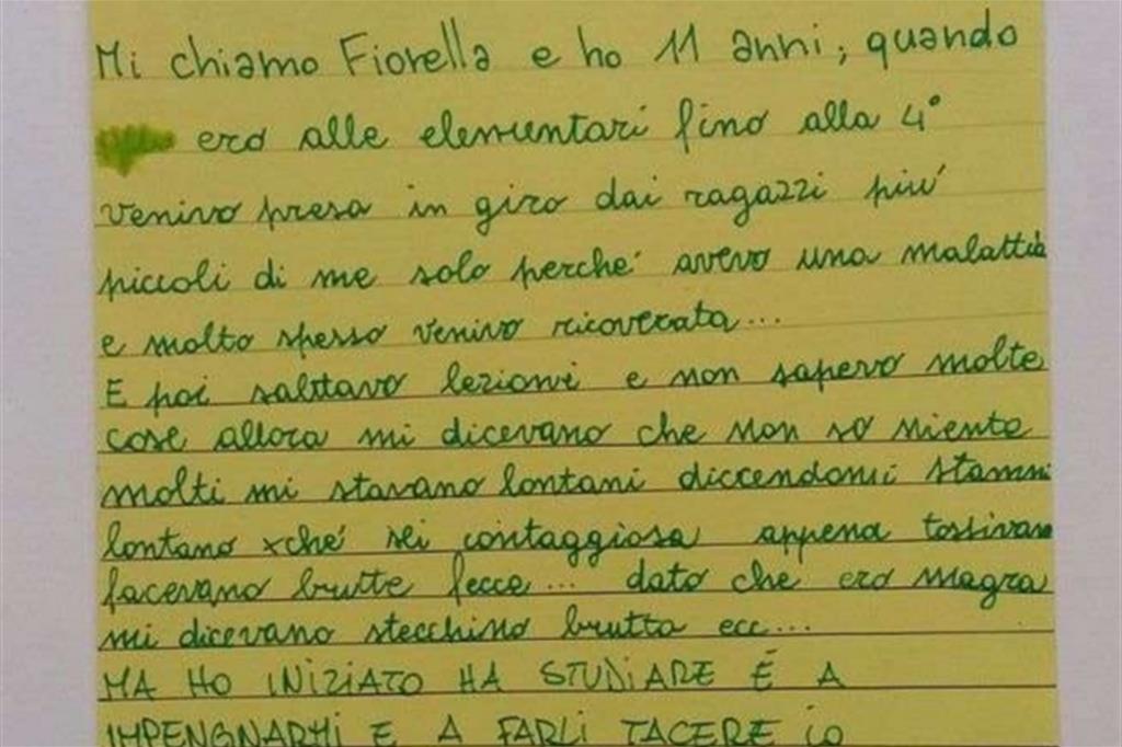 Fiorella, 11 anni, ricorda che alle elementari veniva «presa in giro dai ragazzi più piccoli solo perché avevo una malattia e molto spesso venivo ricoverata. Molti dicevano ‘stammi lontano perché sei contagiosa’ e appena tossivo facevano brutte facce. Io sapevo cosa voleva dire soffrire. Mai deridere gli altri senza sapere di cosa soffrono». - 