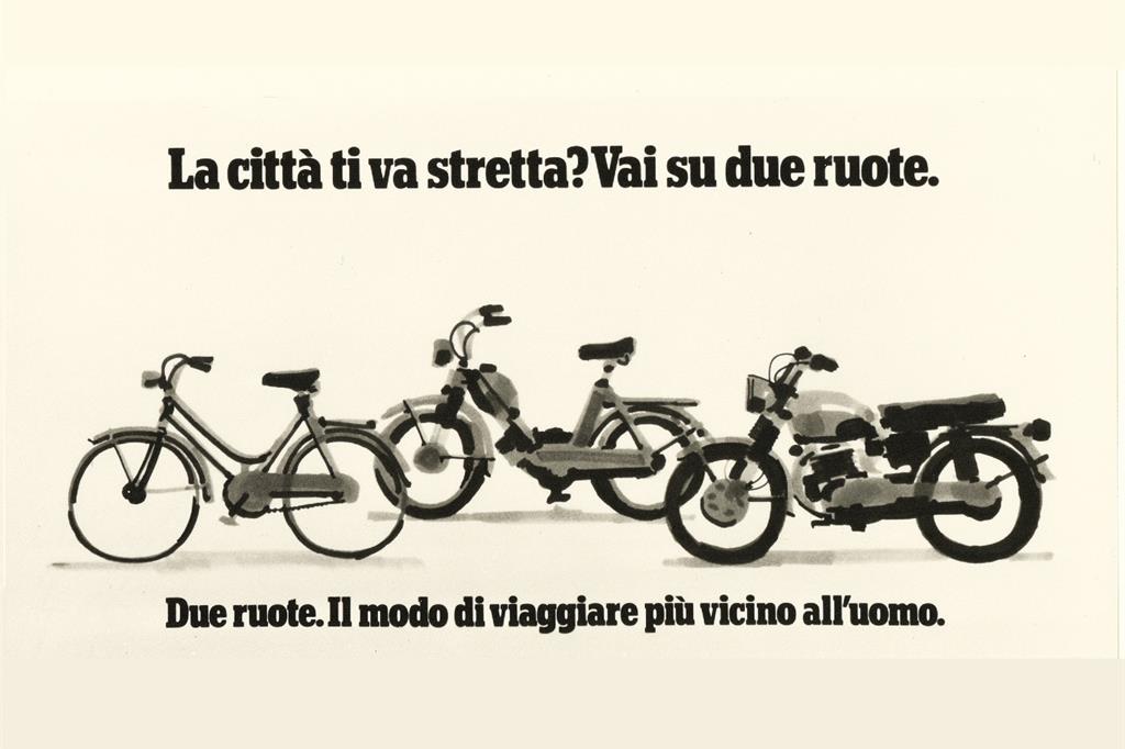 La città ti va stretta? Vai su due ruote, campagna pubblicitaria per l’Associazione Nazionale Ciclo Motociclo Accessori (agenzia Centro), bozzetto - 
