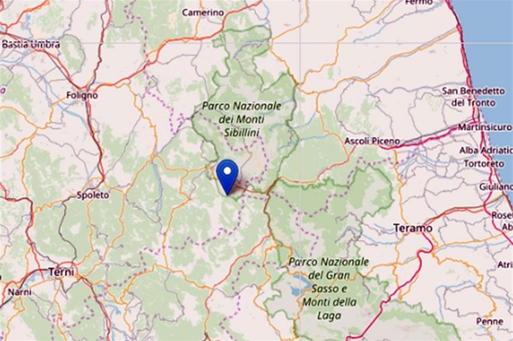 La mappa della zona colpita dalla lieve scossa sismica di stamani (Ansa)