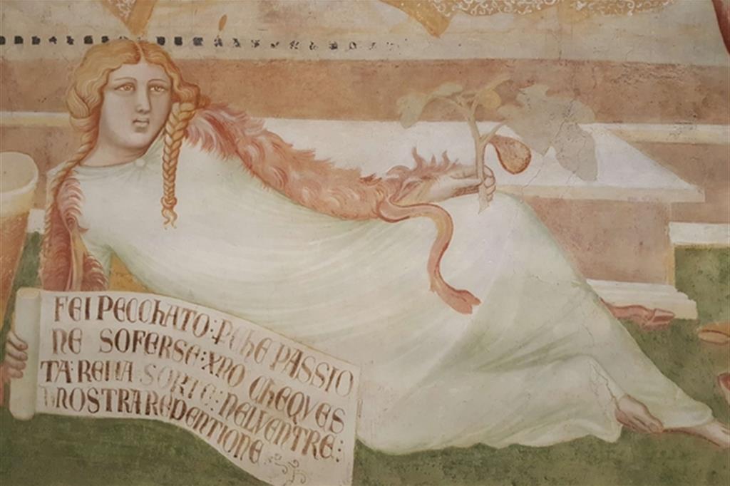 Eva, particolare dell'affresco nella lunetta della cappella di S. Galgano a Montesiepi di Ambrogio Lorenzetti
