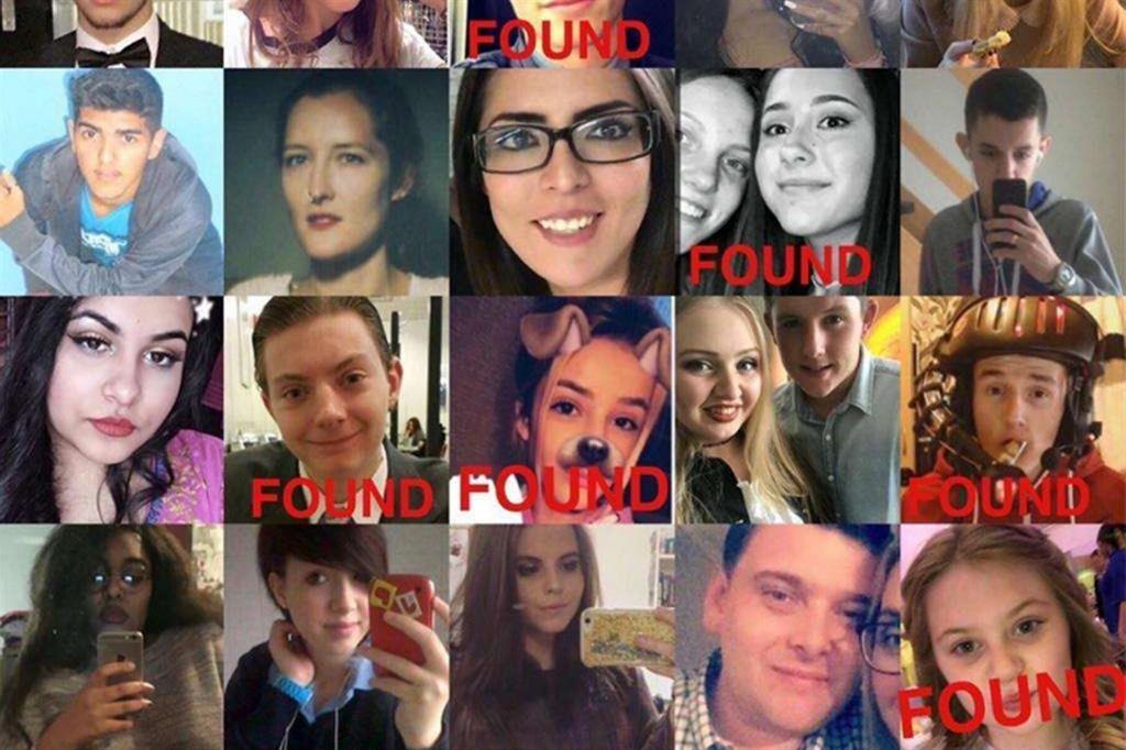 Un collage diffuso da #prayforManchester con le foto delle persone disperse: alcune («found») sono state ritrovate (Ansa)