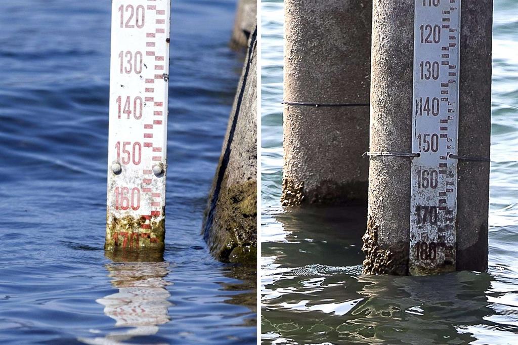 Il lago di Bracciano con sempre meno acqua. Foto a sinistra: 23 luglio. Foto a destra 29 agosto (Ansa) - 