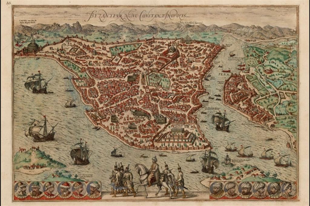 Una mappa di Istanbul eseguita nel XVI secolo a Colonia da Braun e Hogenberg