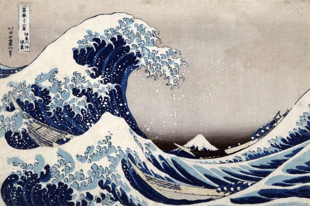 "La (grande) onda presso la costa di Kenagawa", della serie Trentasei vedute del monte Fuji, 1830-32 circa. L'opera di Katsushika Hokusai (1760-1849), maestro indiscusso dell'ukiyoe (letteralmente "immagini del Mondo Fluttuante"), è vastissima e versatile, e ha avuto grande diffusione nel tempo grazie ai numerosi seguaci. La mostra 'Hokusai. Sulle orme del Maestro" espone 200 opere tra silografie policrome e dipinti su rotolo (esposte in due rotazioni per motivi conservativi legati alla fragilità dei materiali) - 