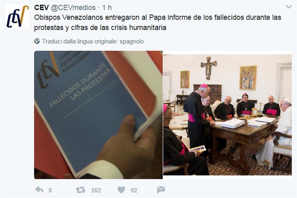 Il tweet della Conferenza episcopale del Venezuela
