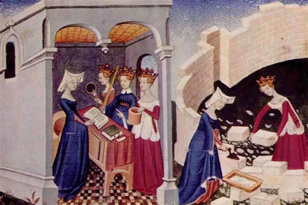 Miniatura tardomedioevale. Christine de Pizan mentre legge nella "città delle dame"