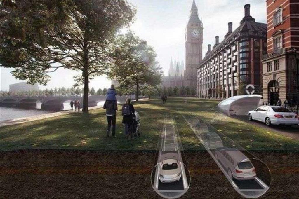 Un'illustrazione virtuale del progetto Cartube a Londra, con l'autostrada che corre sotto il livello del suolo